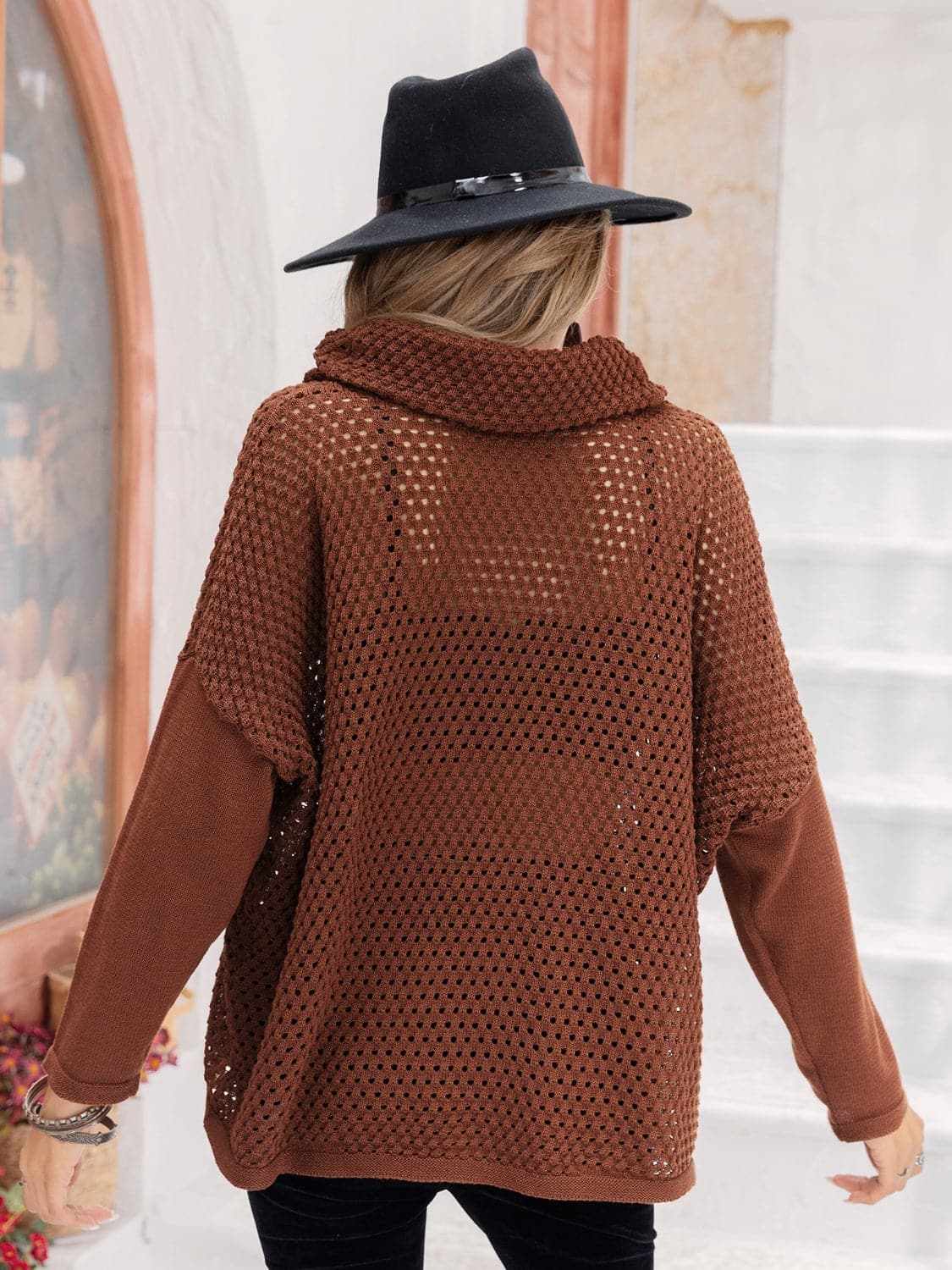 Chic openwork mock neck sweater - Love Salve 