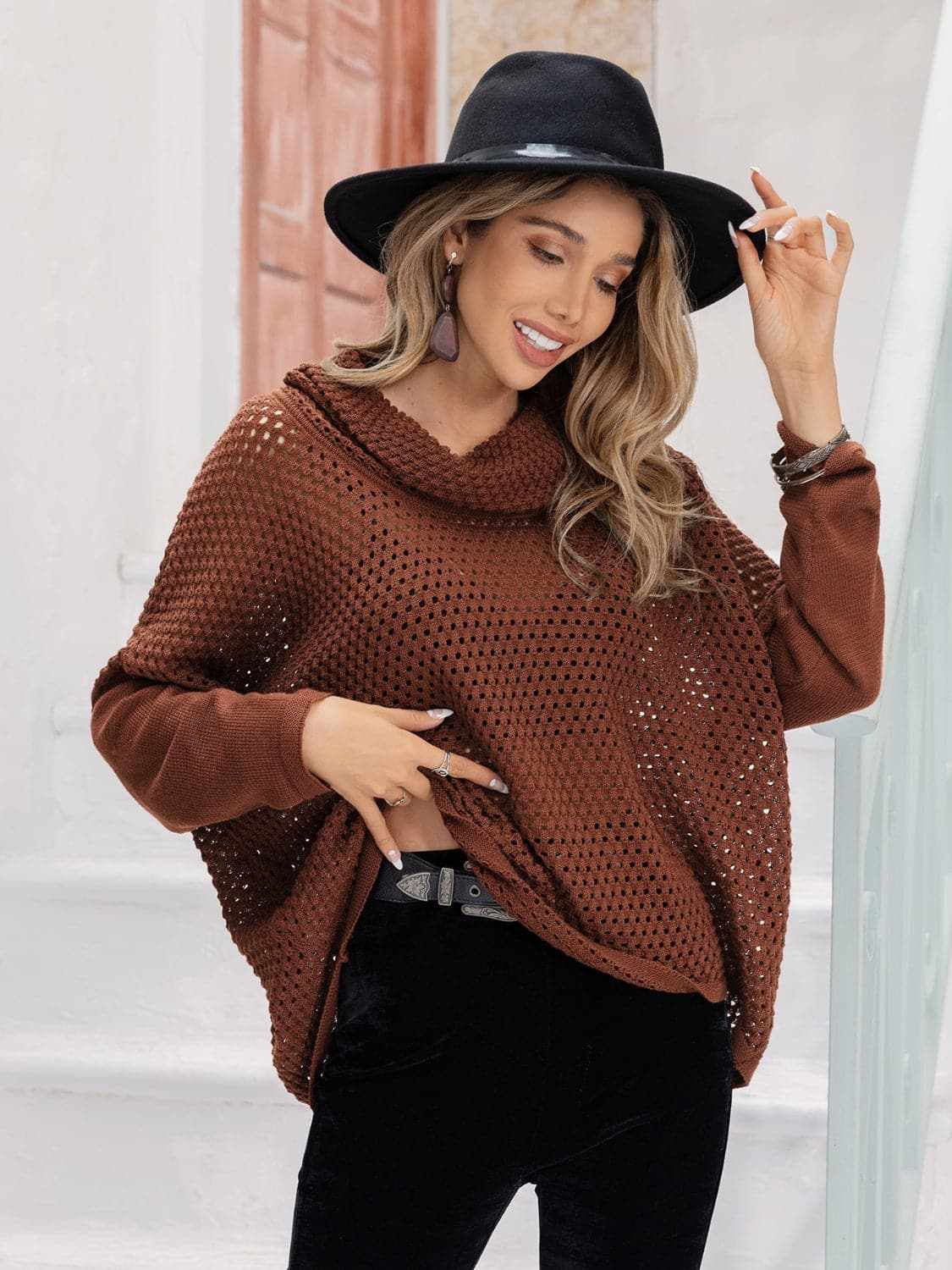 Chic openwork mock neck sweater - Love Salve 