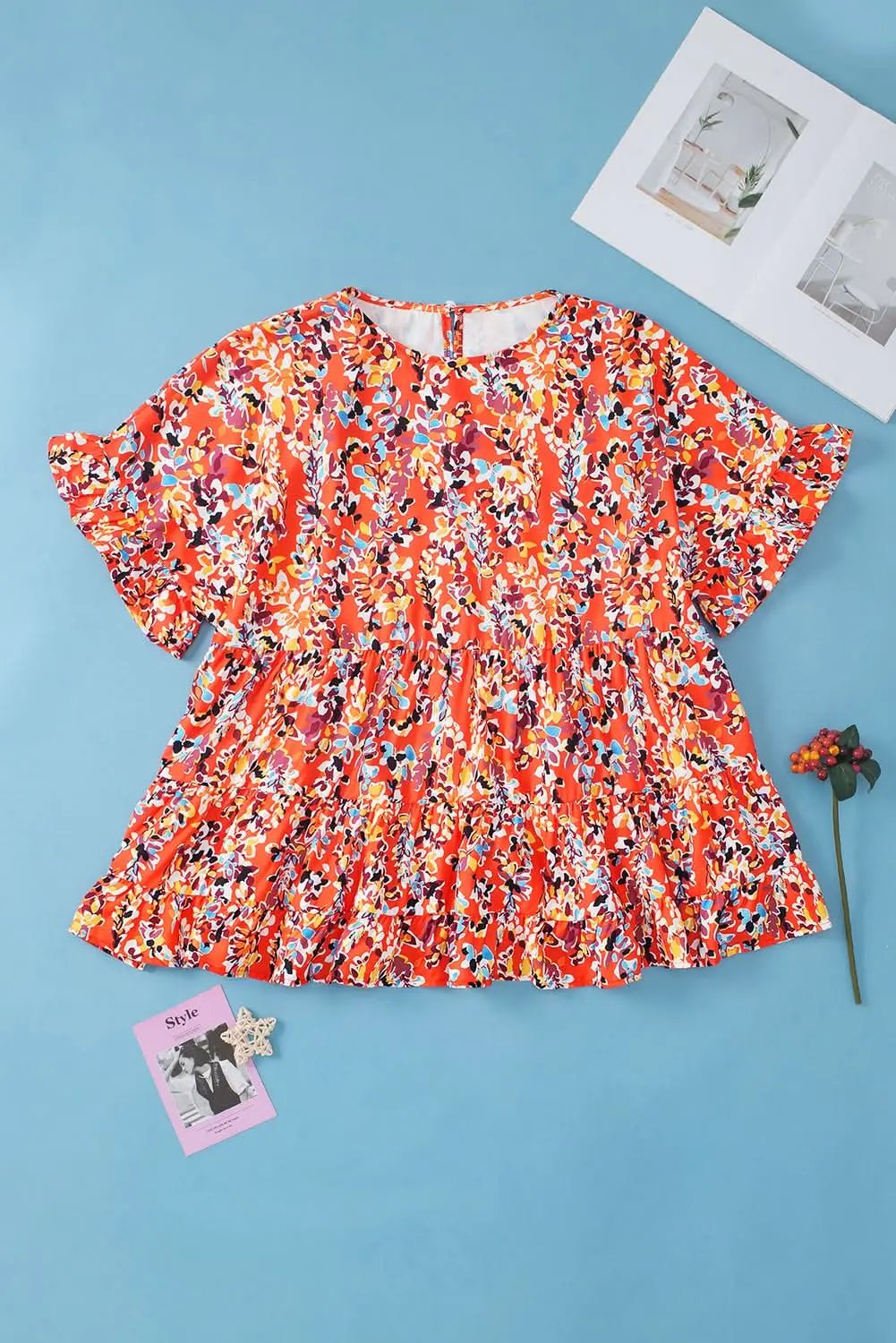 Chic orange floral ruffle sleeve top - Love Salve 