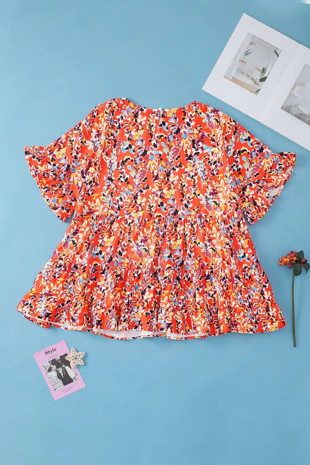 Chic orange floral ruffle sleeve top - Love Salve 