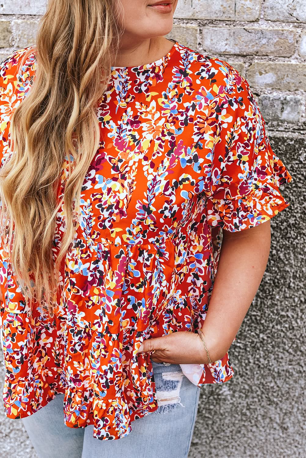 Chic orange floral ruffle sleeve top - Love Salve 