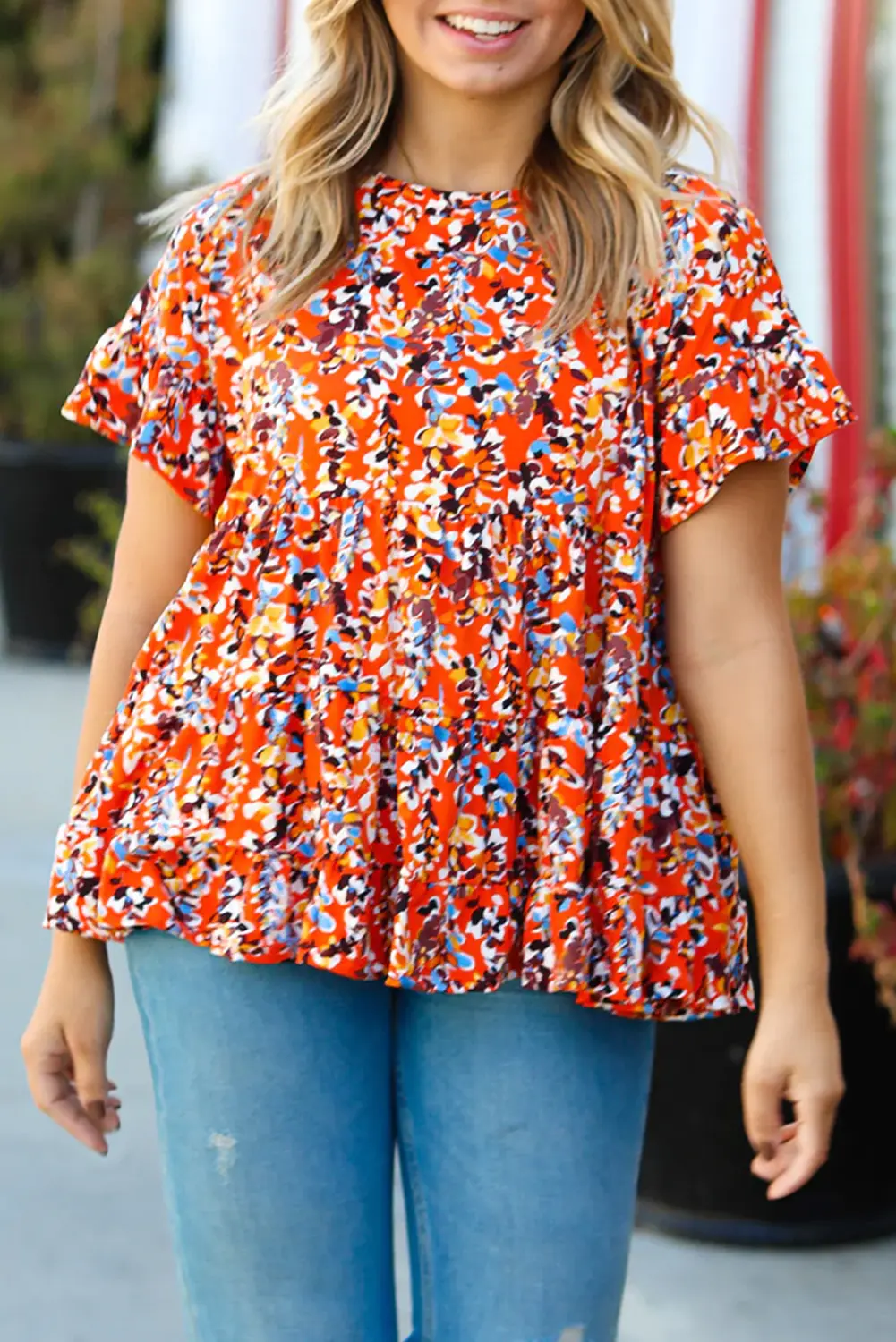 Chic orange floral ruffle sleeve top - Love Salve 