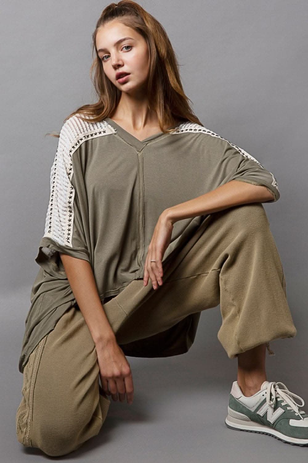 Chic oversized v-neck lace top with studded accents - Love Salve 