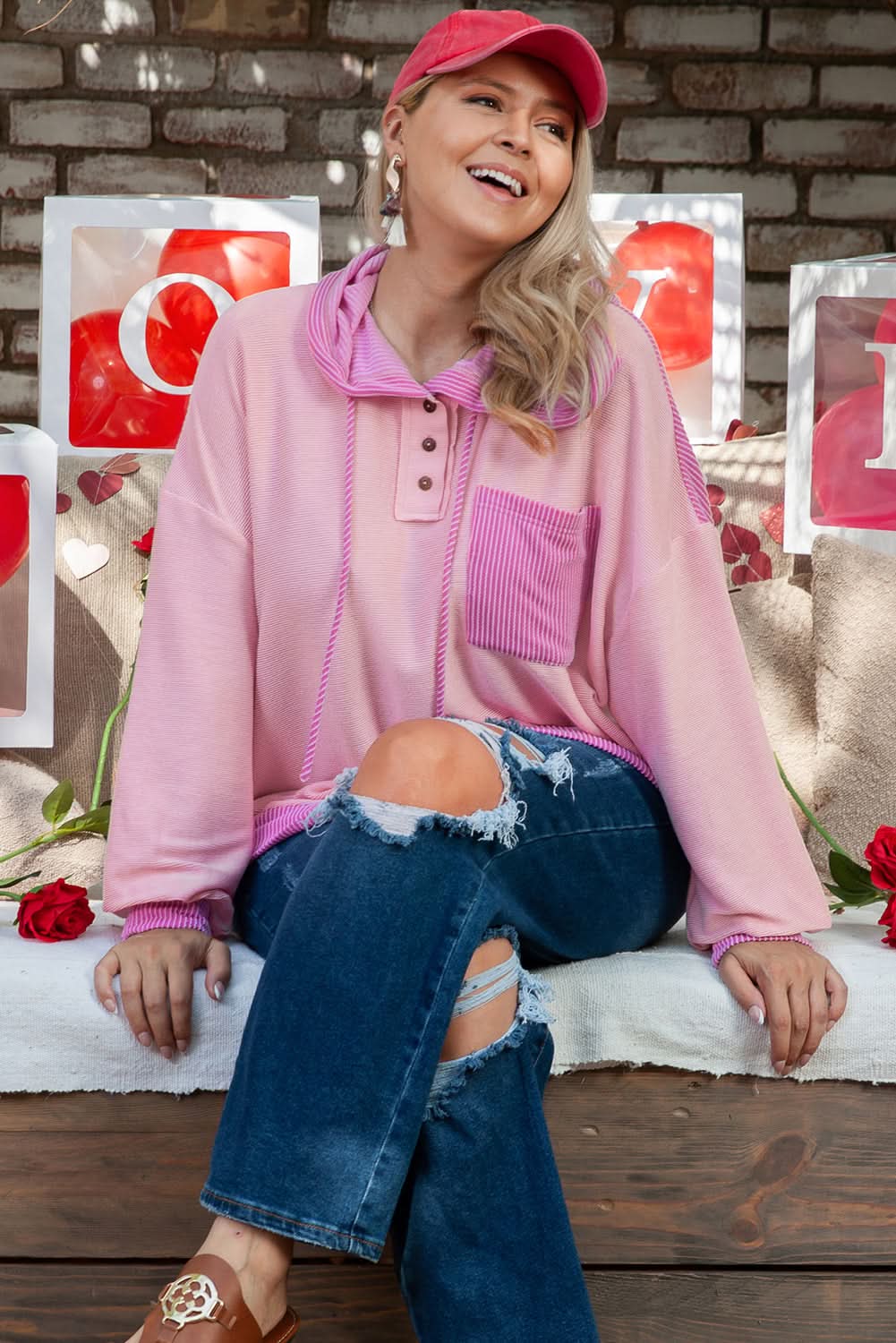 Chic pink plus size patchwork hoodie 