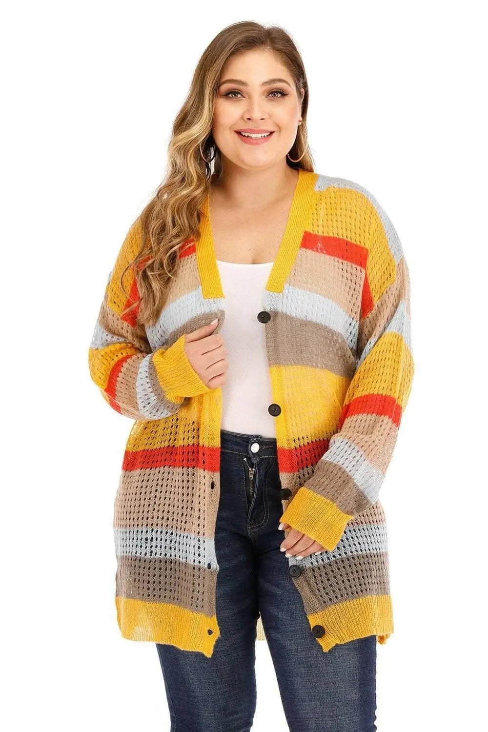 Chic plus size color block cardigan - Love Salve 