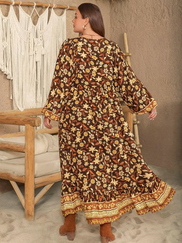 Chic plus size v-neck dress with stylish balloon sleeves - Love Salve 