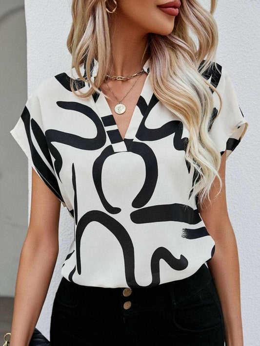 Chic printed notched sleeve blouse - Love Salve 