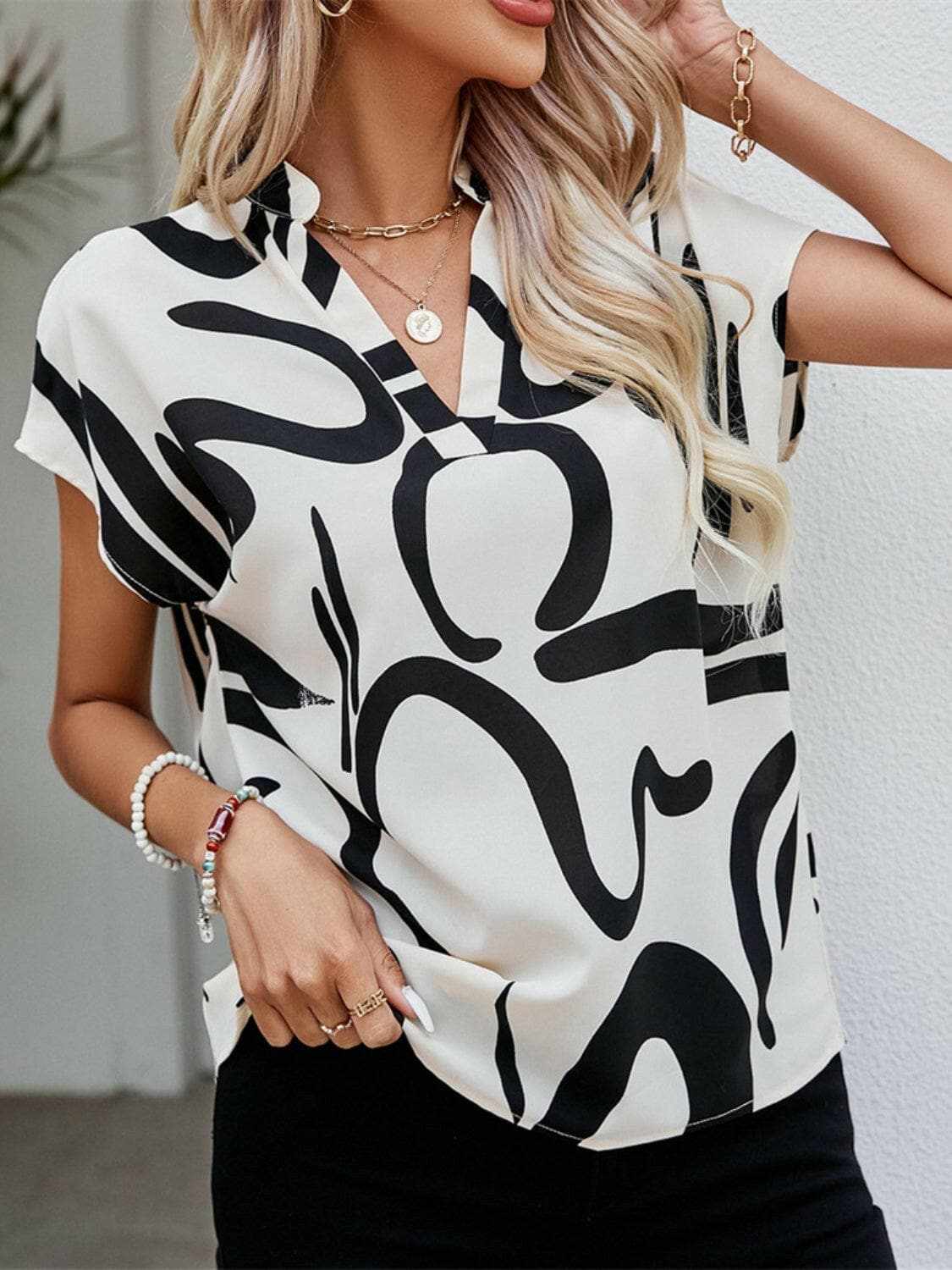 Chic printed notched sleeve blouse - Love Salve 