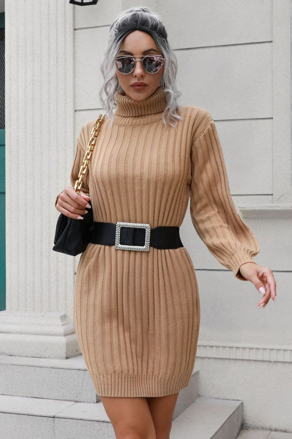 Chic ribbed turtleneck sweater dress 