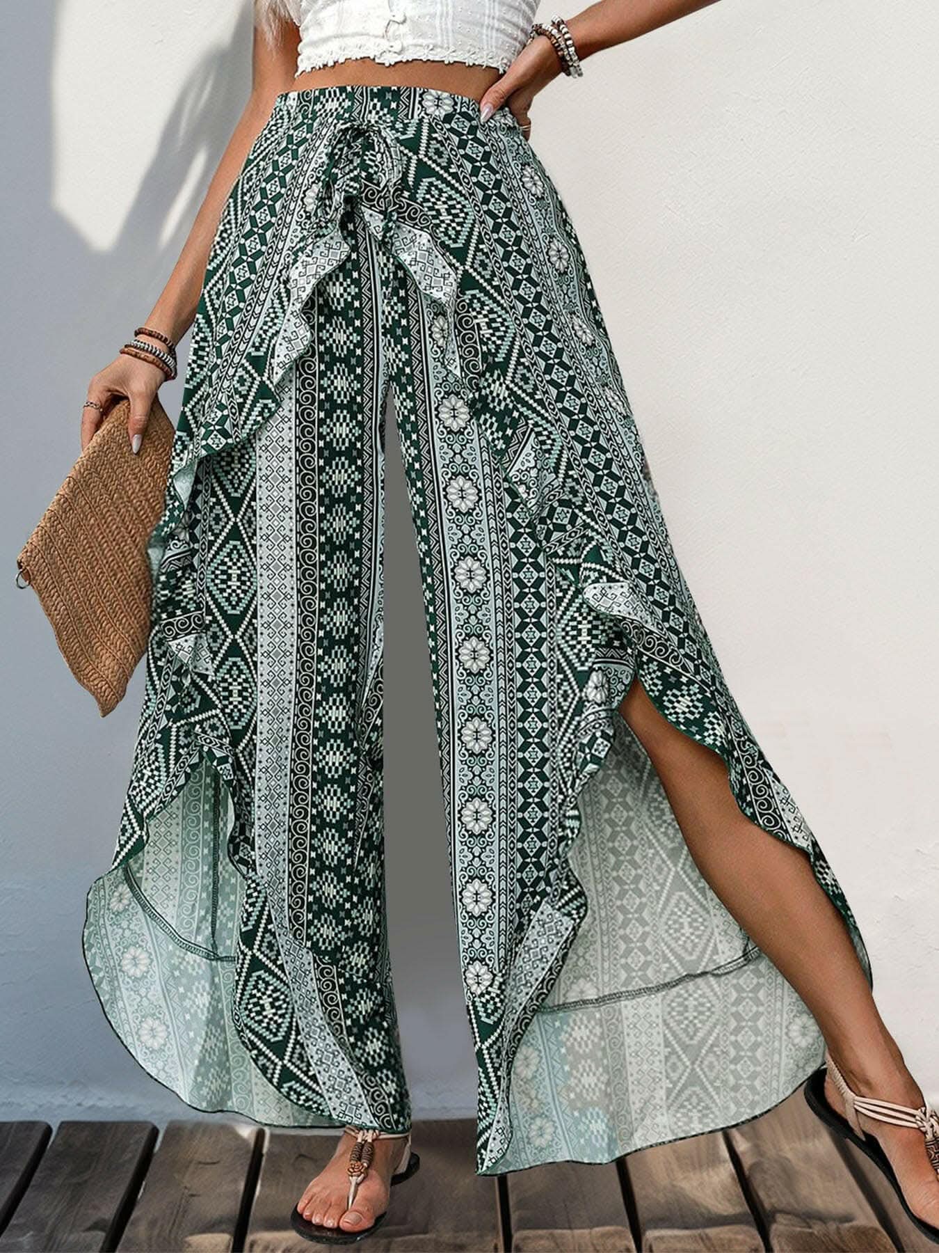 Chic ruffled slit wide leg pants - Love Salve 