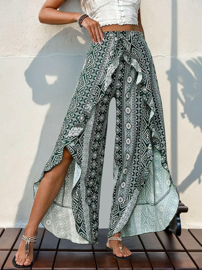 Chic ruffled slit wide leg pants - Love Salve 