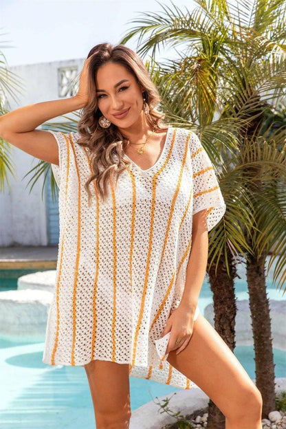 Chic sheer v-neck cover-up - openwork design 