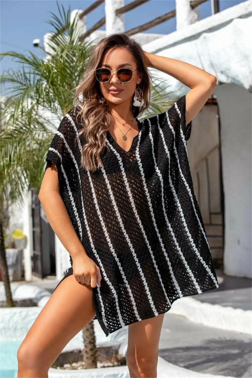 Chic sheer v-neck cover-up - openwork design - Love Salve 