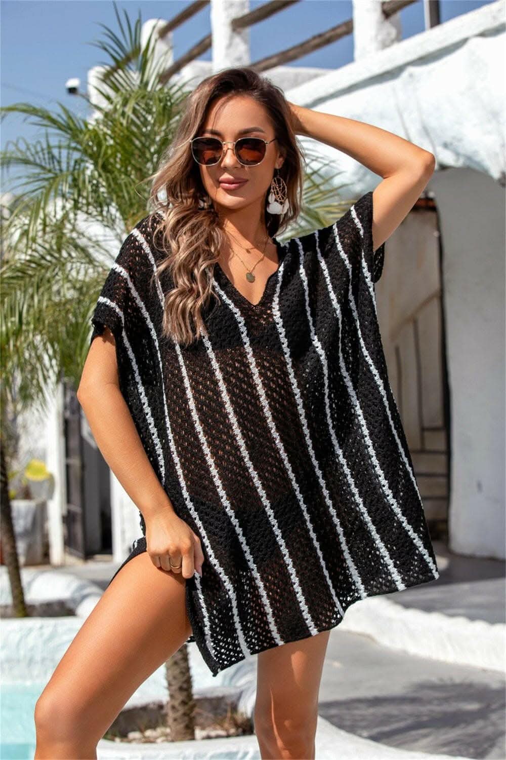 Chic sheer v-neck cover-up - openwork design 