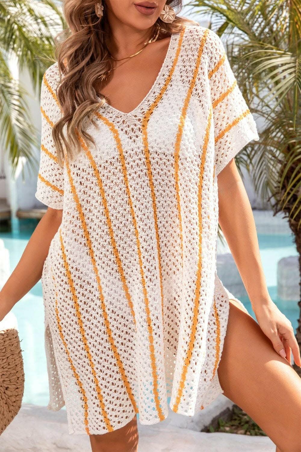 Chic sheer v-neck cover-up - openwork design 