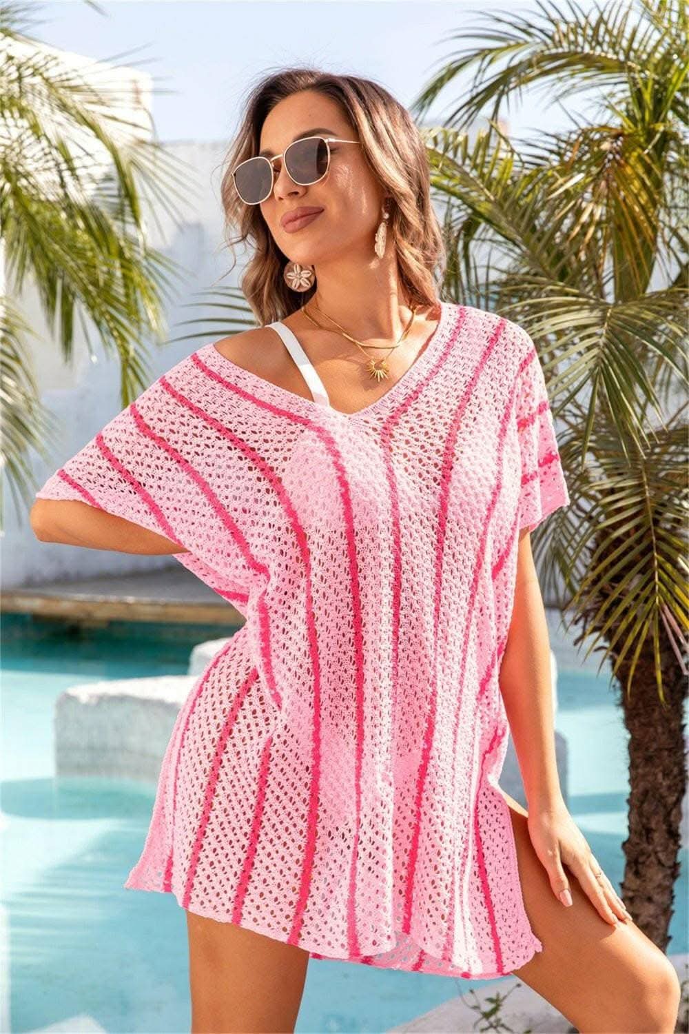 Chic sheer v-neck cover-up - openwork design 