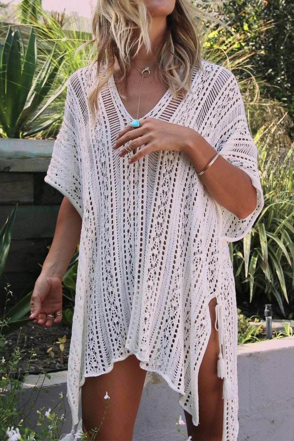 Chic sheer v-neck cover-up with tassels - Love Salve 