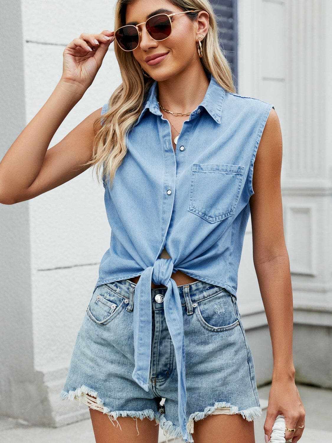 Chic sleeveless denim top - collared neck - Love Salve 