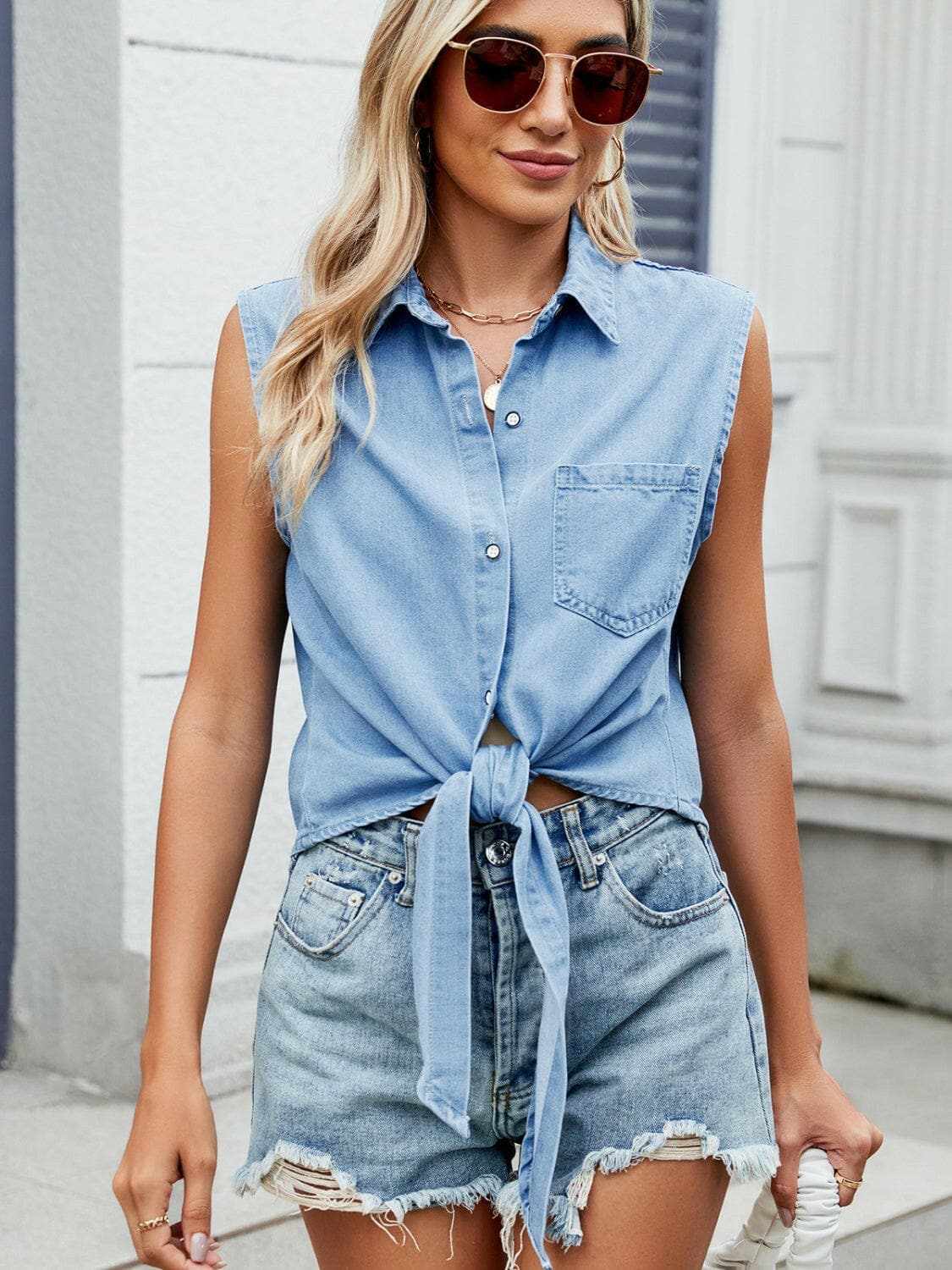 Chic sleeveless denim top - collared neck - Love Salve 