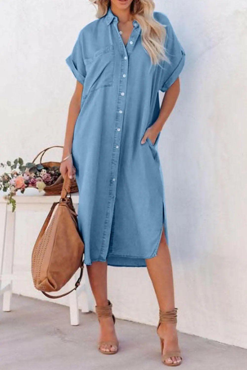 Chic slit denim button-up dress - Love Salve 