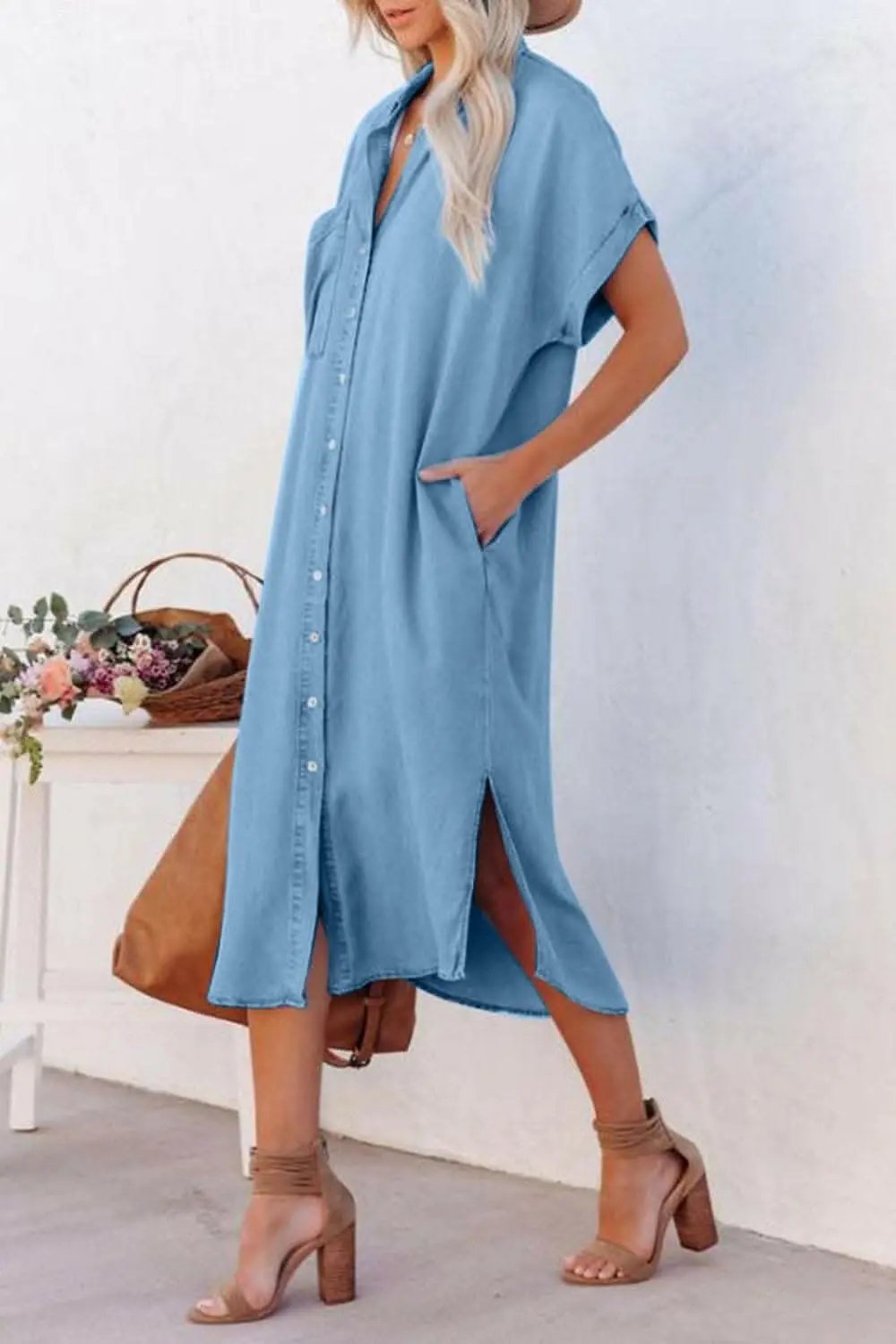 Chic slit denim button-up dress - Love Salve 