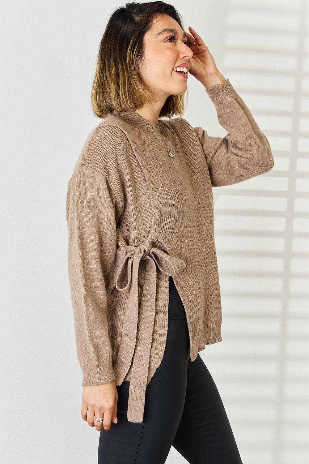 Chic slit tied dropped shoulder sweater - Love Salve 