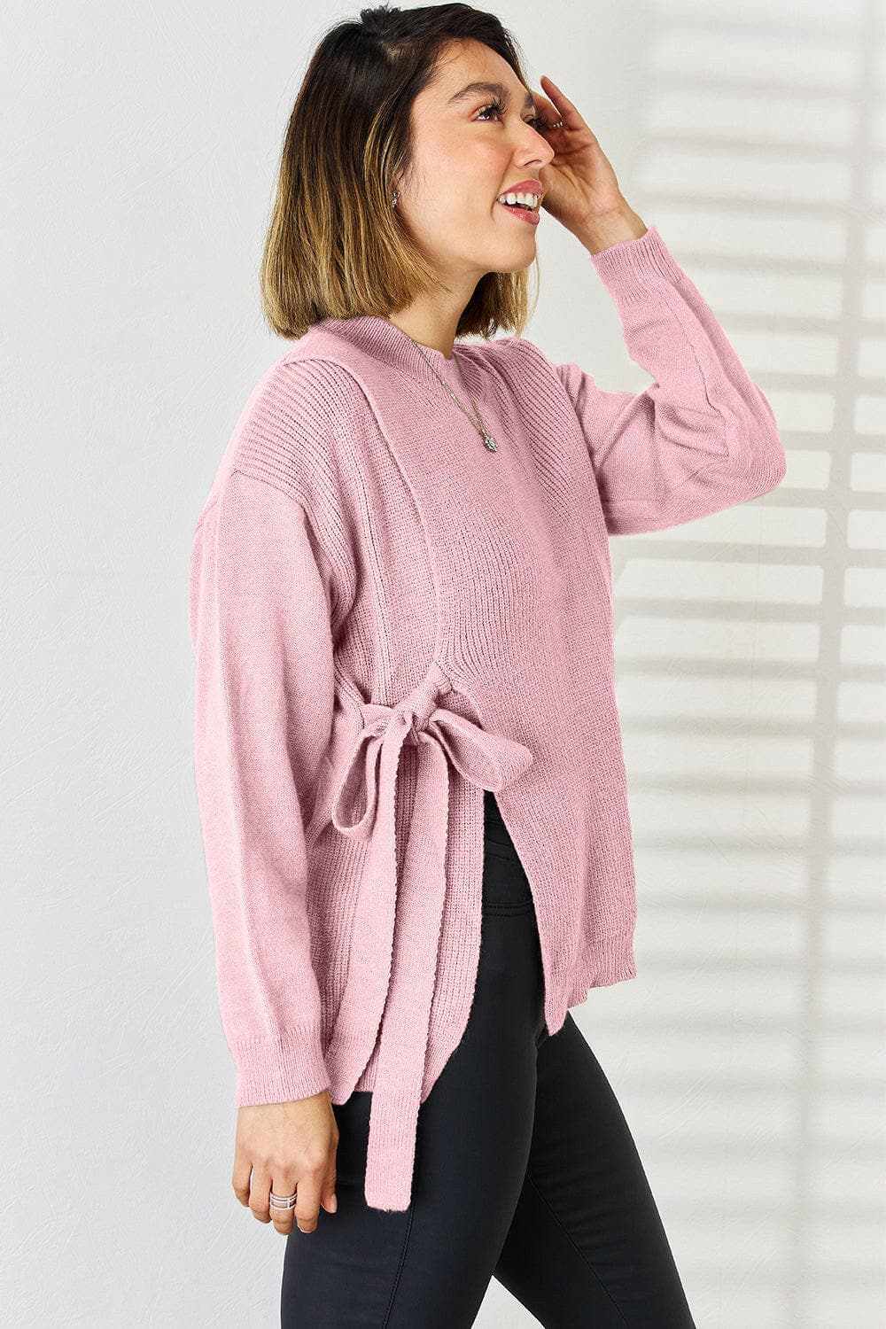 Chic slit tied dropped shoulder sweater - Love Salve 
