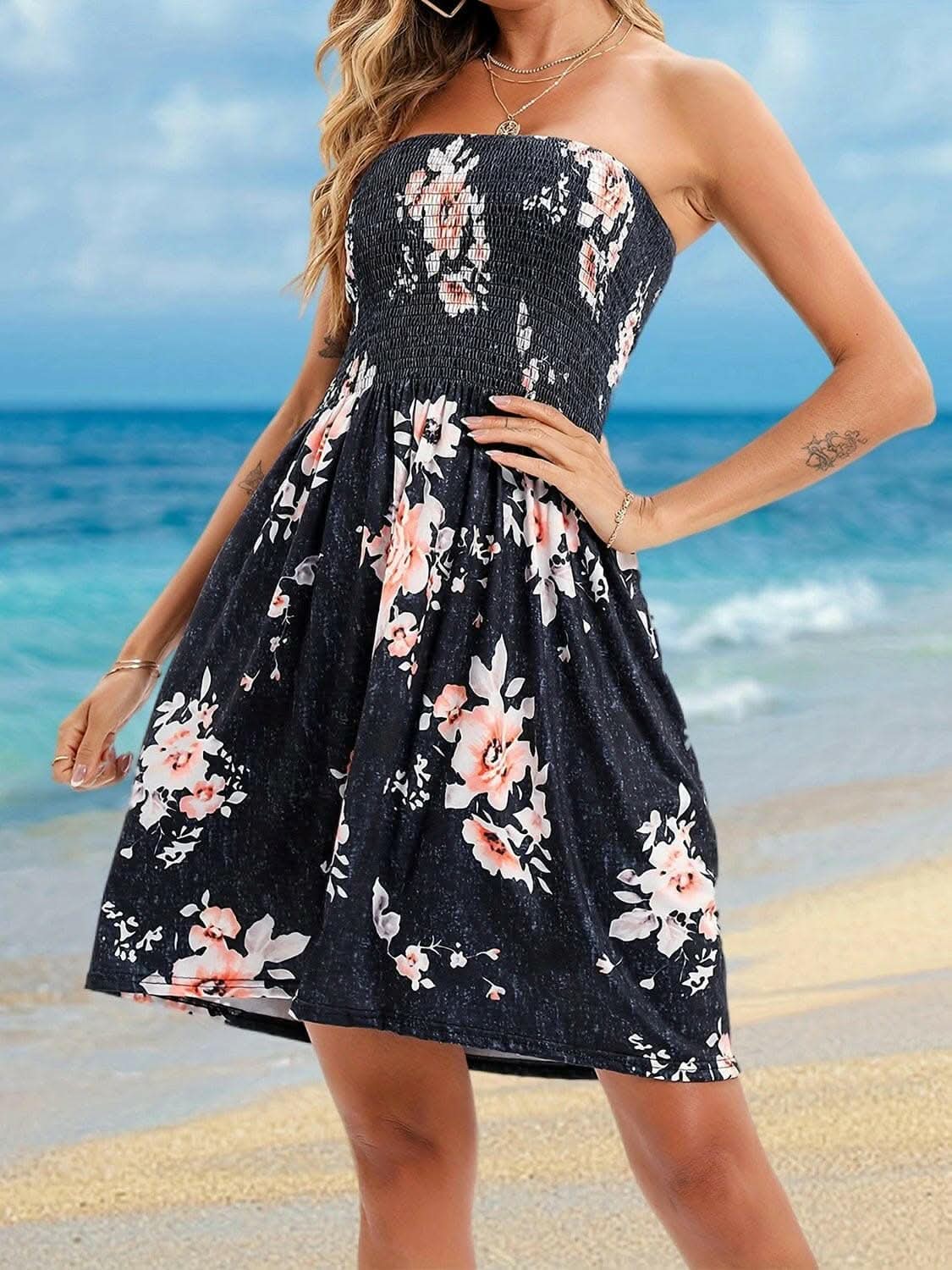Chic smocked mini dress with sheer panels - Love Salve 