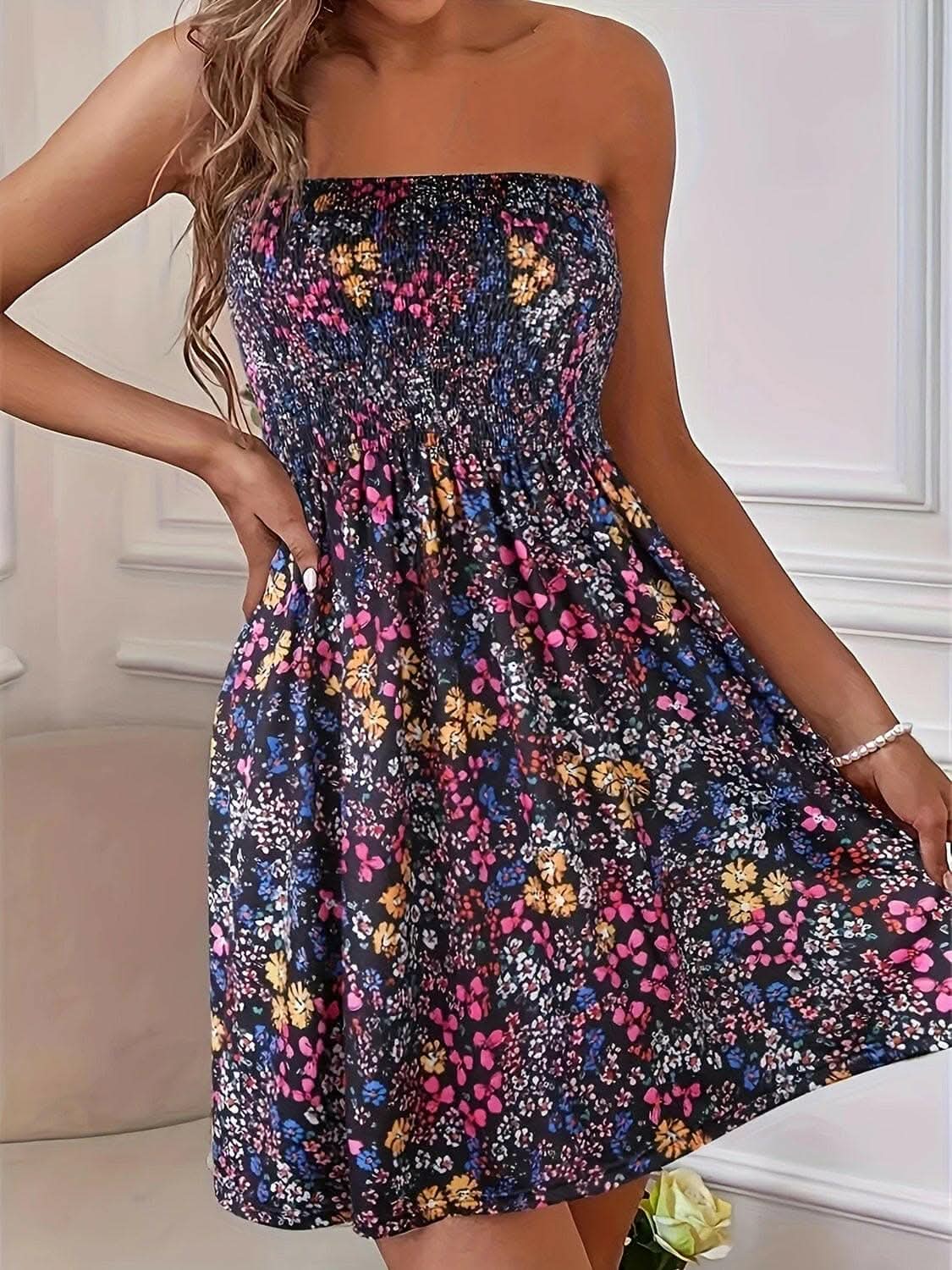 Chic smocked mini dress with sheer panels - Love Salve 