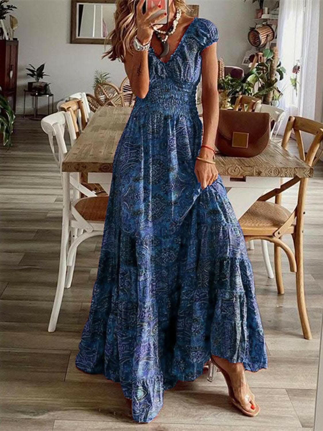 Chic smocked v-neck dress - Love Salve 