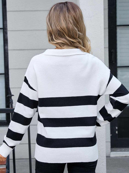 Chic striped knit top with collar - Love Salve 