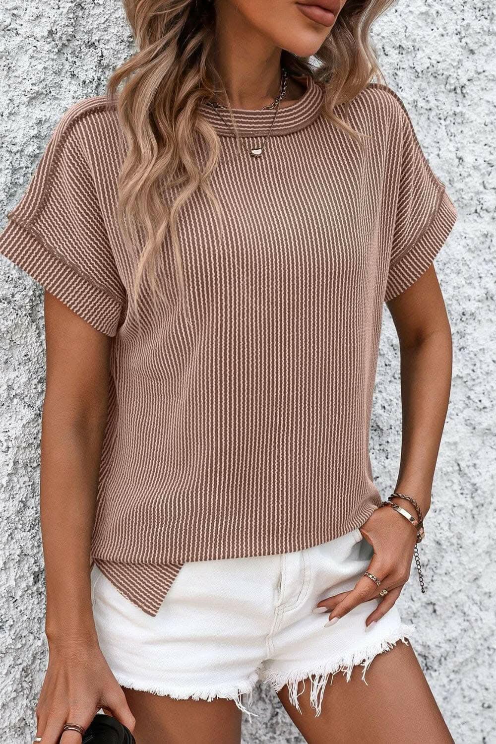 Chic striped ribbed tee with seams - Love Salve 