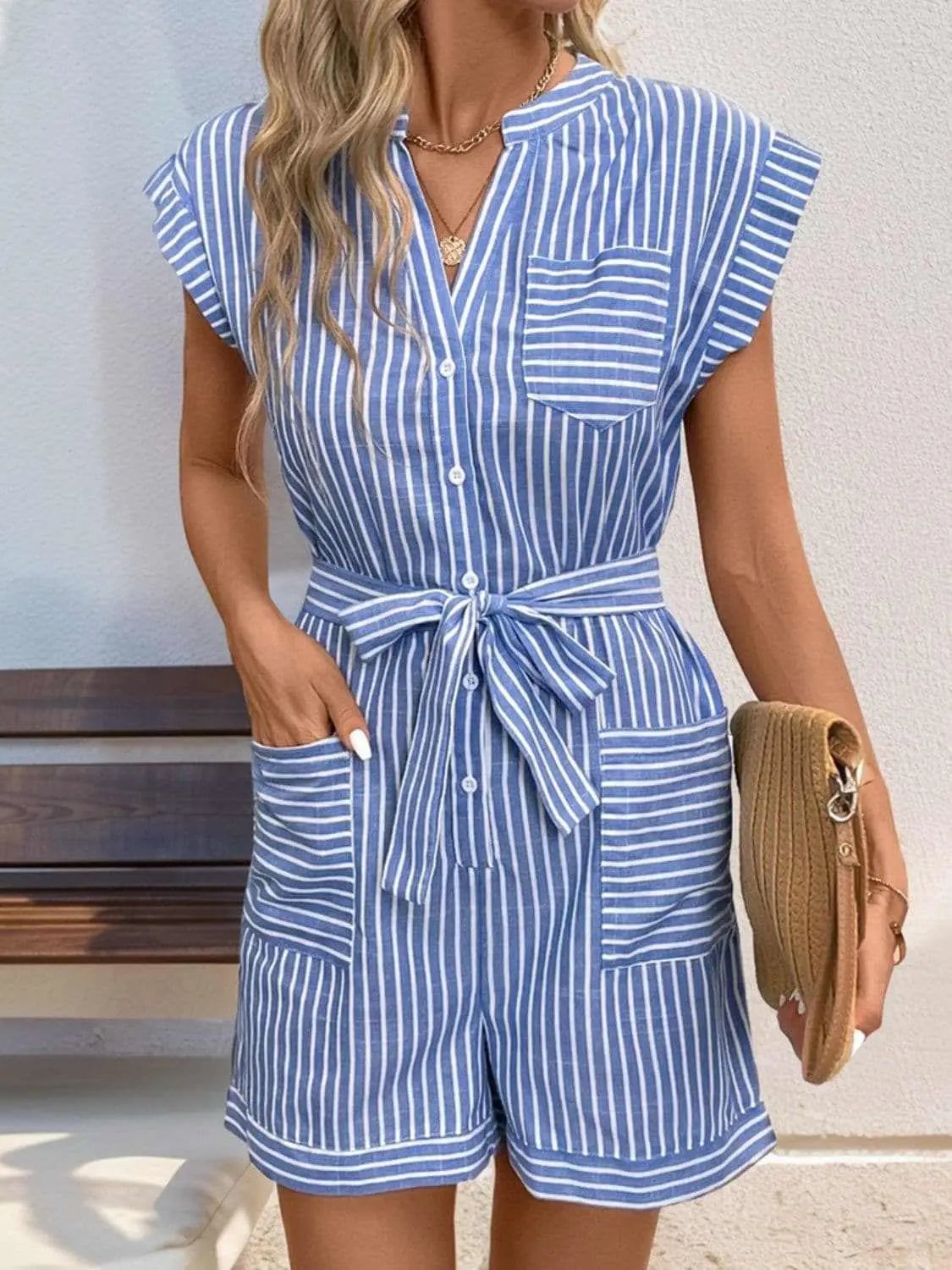 Chic striped tie-front romper - Love Salve 