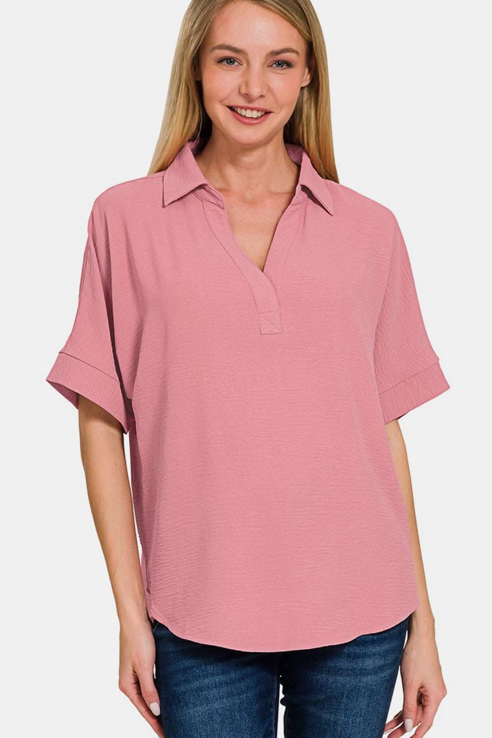 Chic texture collared neck short sleeve top by Zenana - Love Salve 