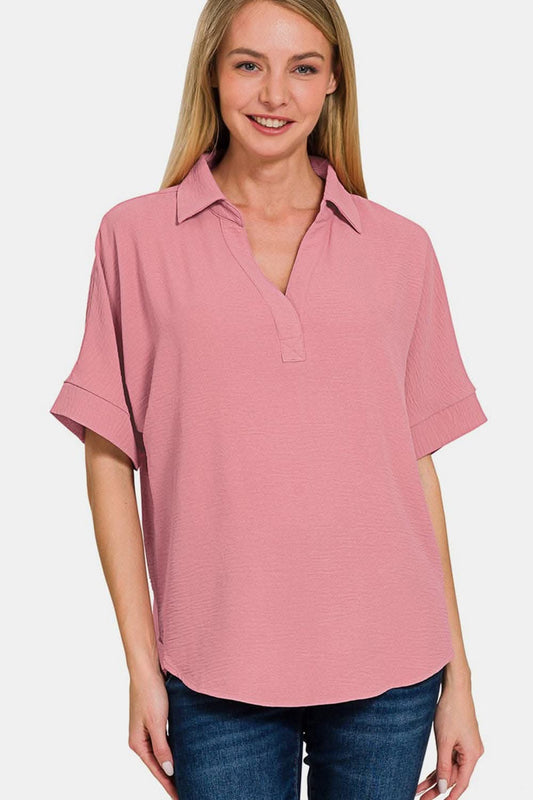 Chic texture collared neck short sleeve top by Zenana - Love Salve 
