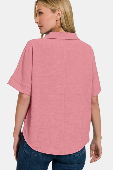 Chic texture collared neck short sleeve top by Zenana - Love Salve 