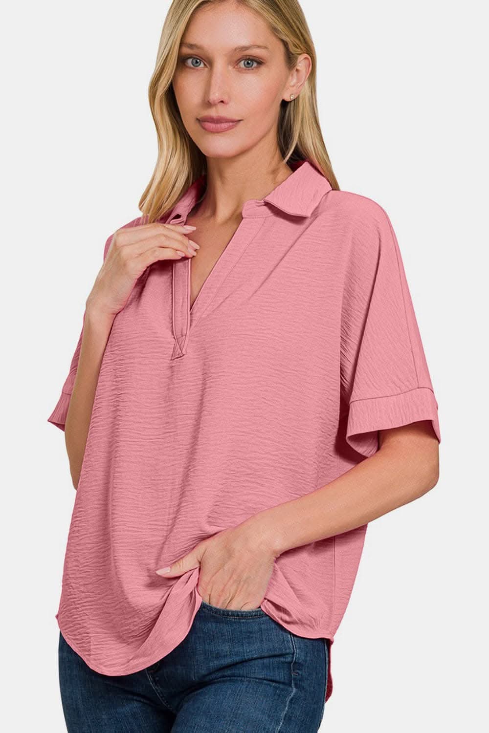 Chic texture collared neck short sleeve top by Zenana - Love Salve 