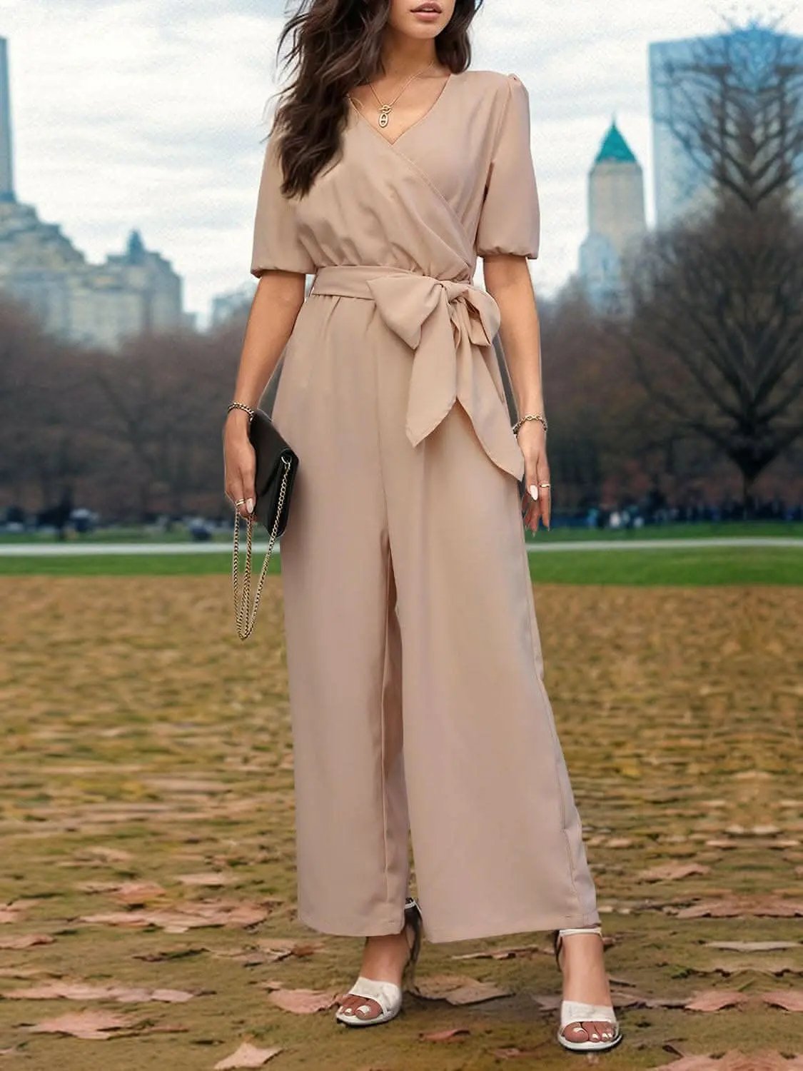 Chic tied sleeve wide leg jumpsuit - Love Salve 