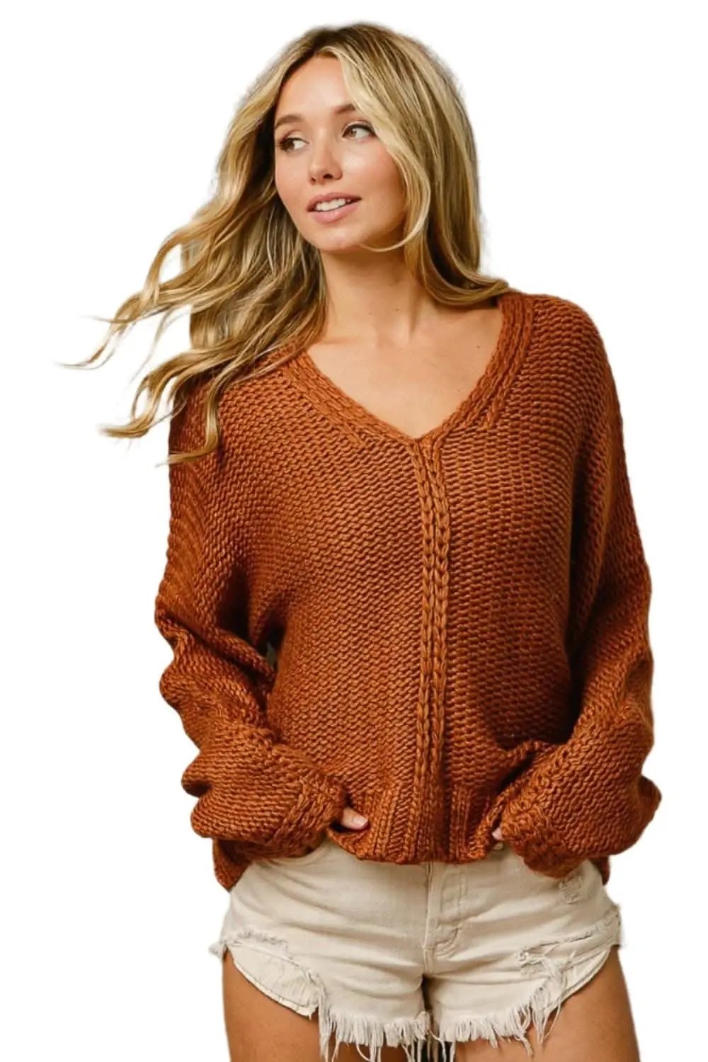 Chic v-neck cable knit sweater for winter elegance - Love Salve 