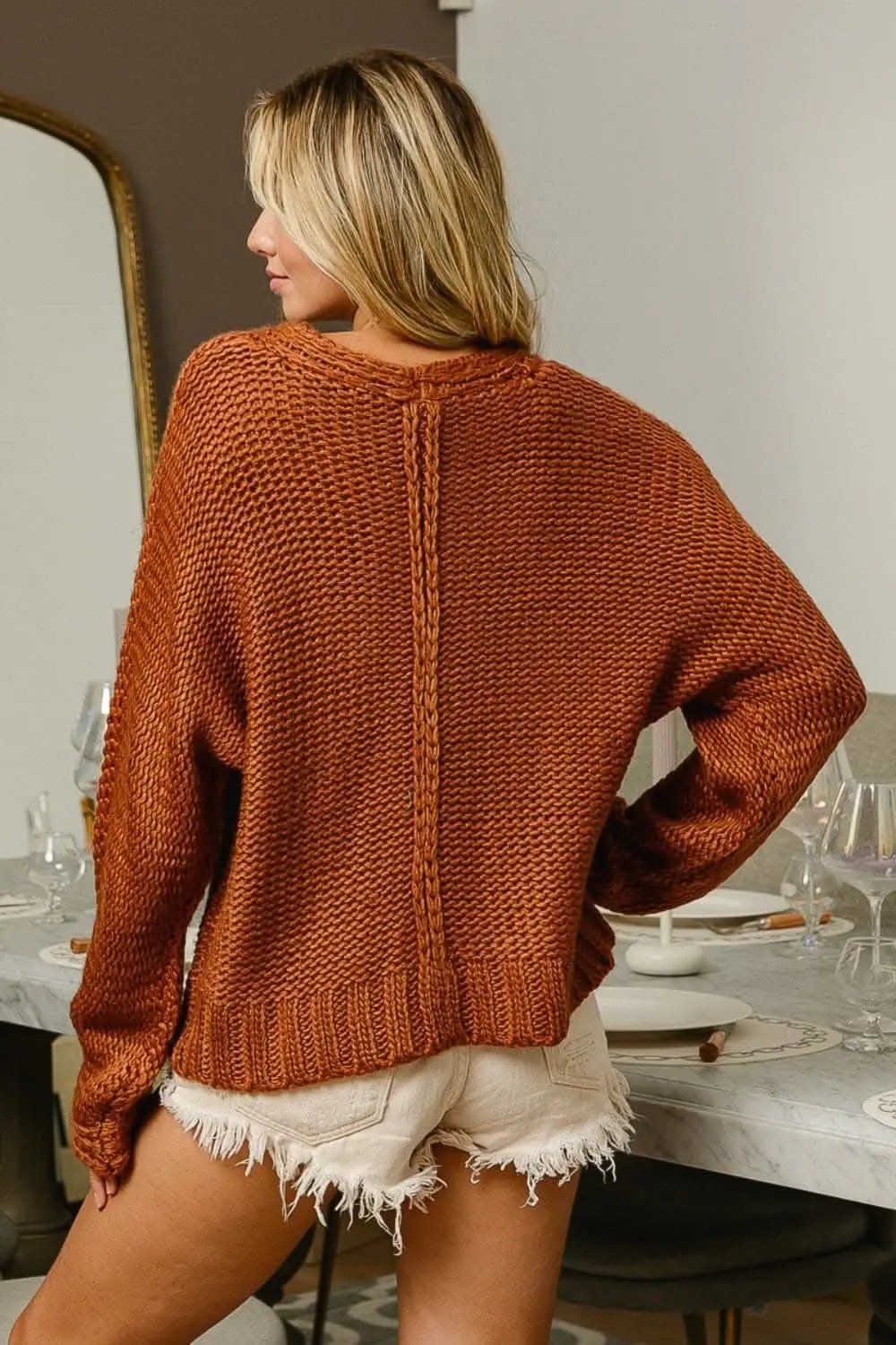 Chic v-neck cable knit sweater for winter elegance - Love Salve 