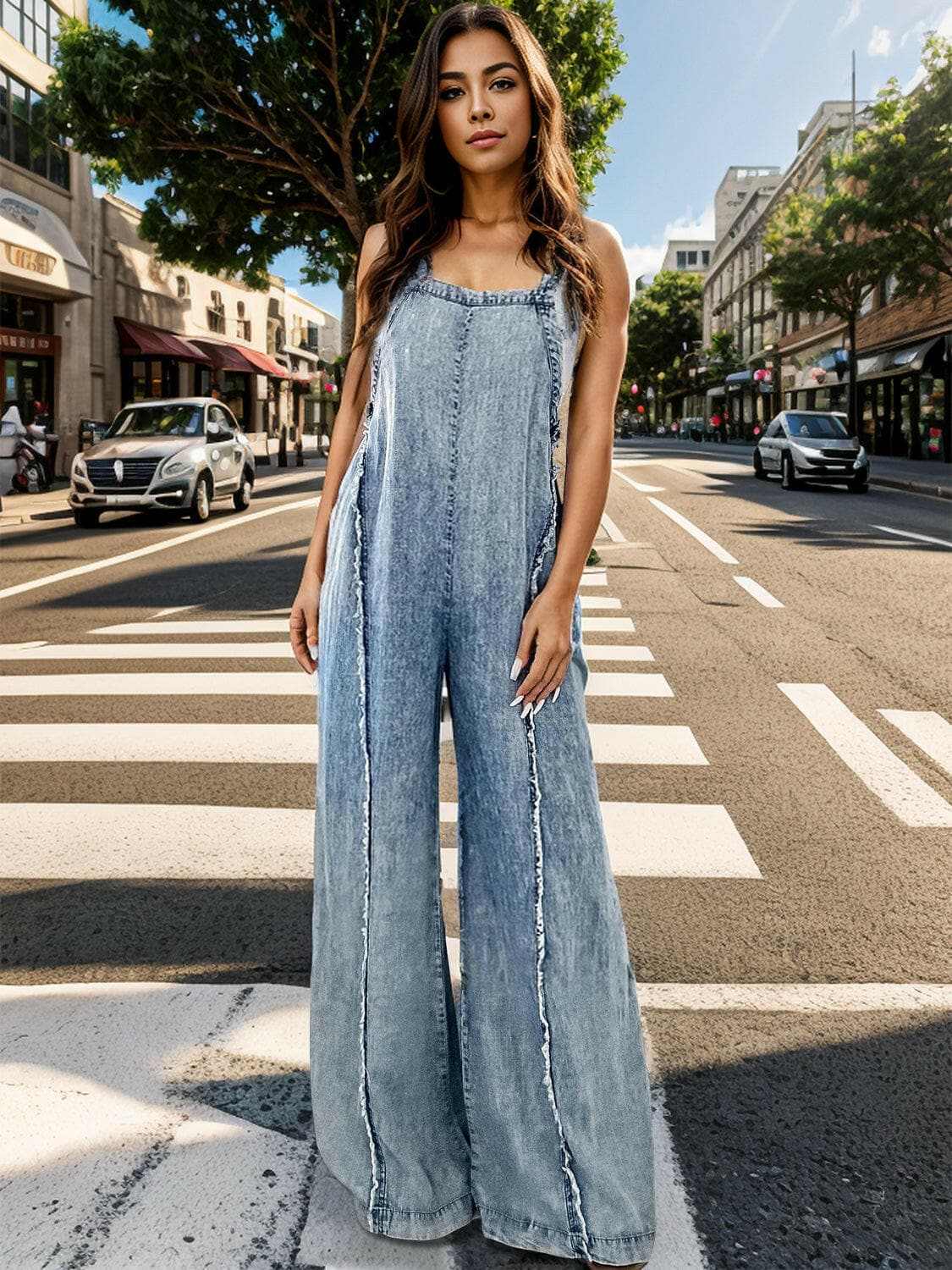Wide leg denim overalls with adjustable straps for style and comfort.