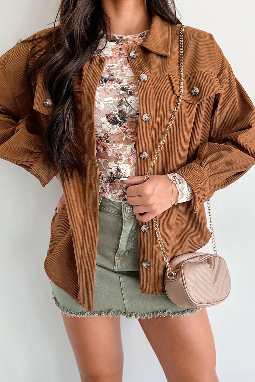 Cinnamon Corduroy Flap Pocket Button Up Round Hem Shacket 