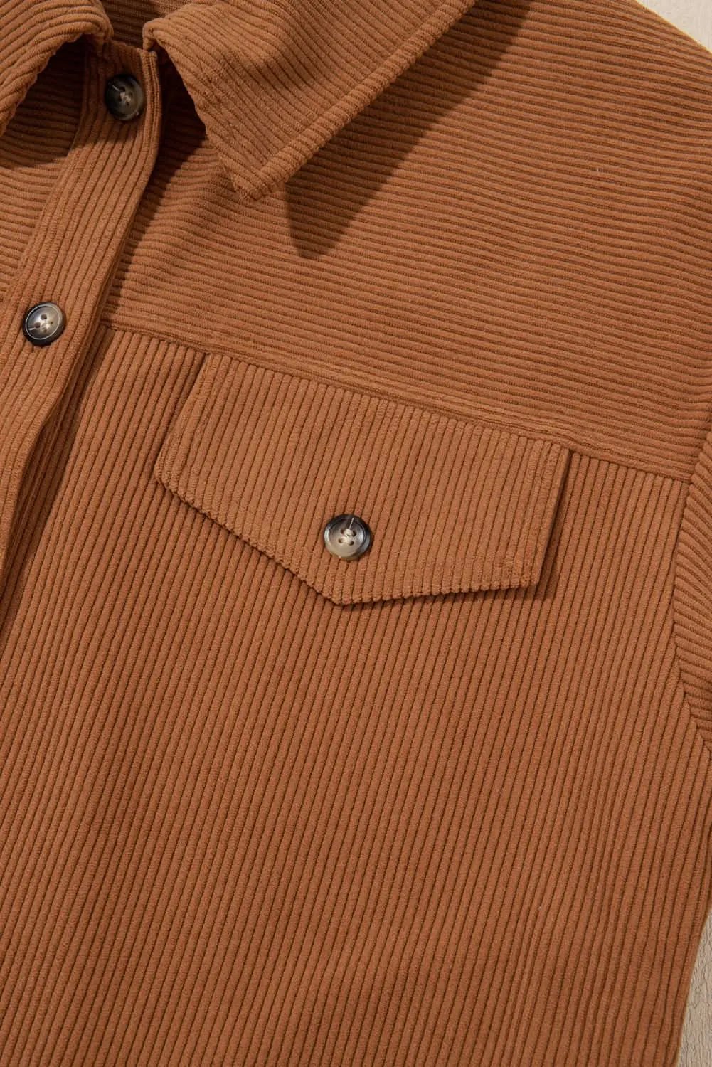 Cinnamon Corduroy Flap Pocket Button Up Round Hem Shacket - Love Salve 