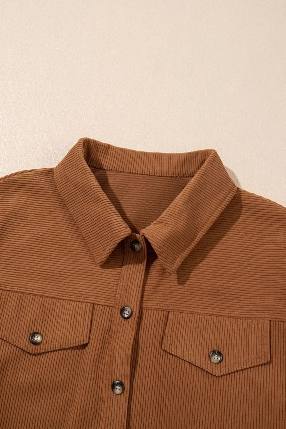 Cinnamon Corduroy Flap Pocket Button Up Round Hem Shacket - Love Salve 
