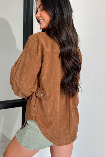 Cinnamon Corduroy Flap Pocket Button Up Round Hem Shacket 