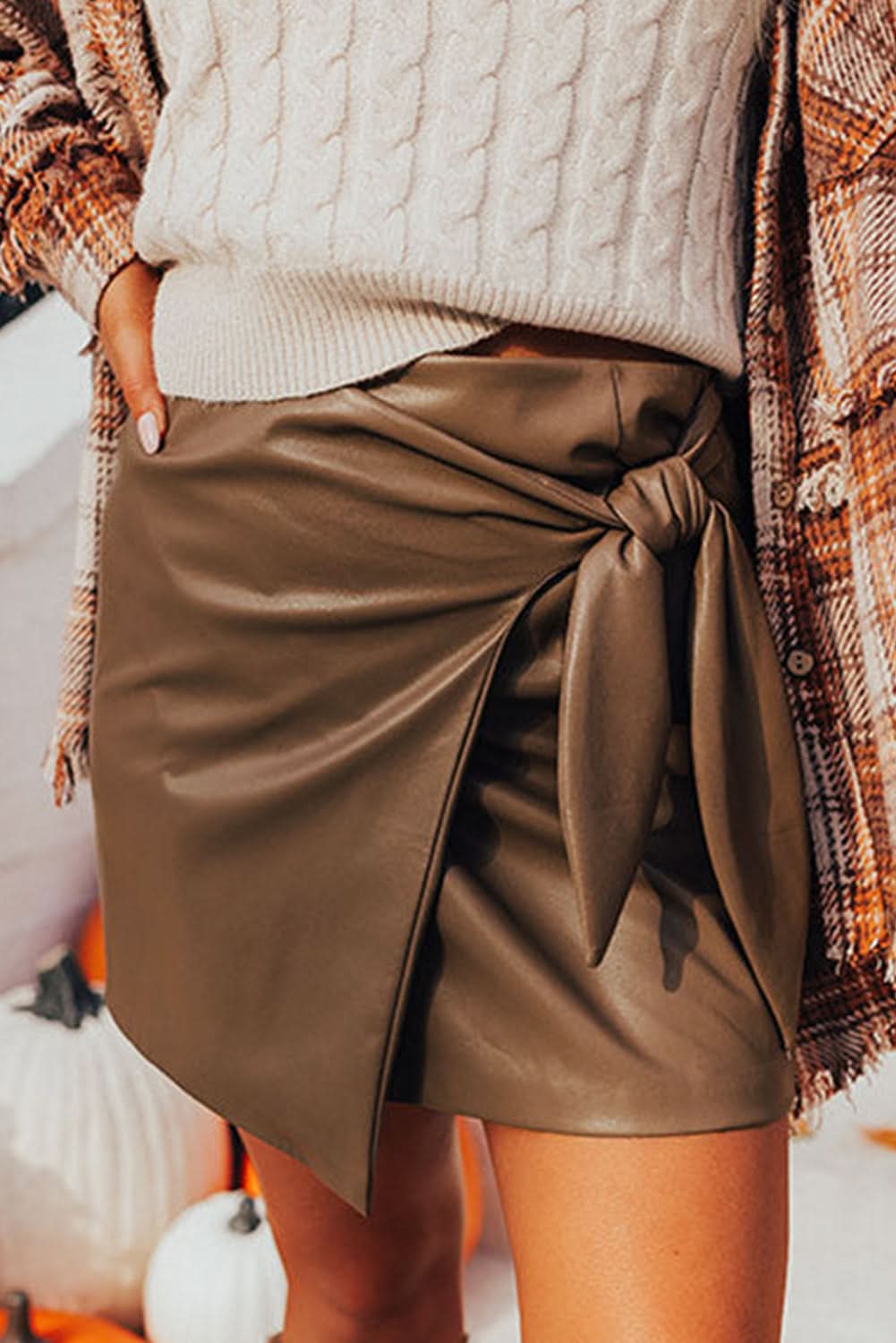 Coffee Bowknot Faux Leather Mini Skirt 