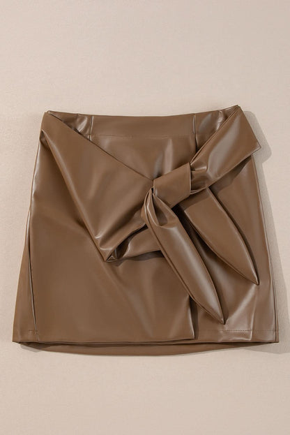 Coffee Bowknot Faux Leather Mini Skirt 