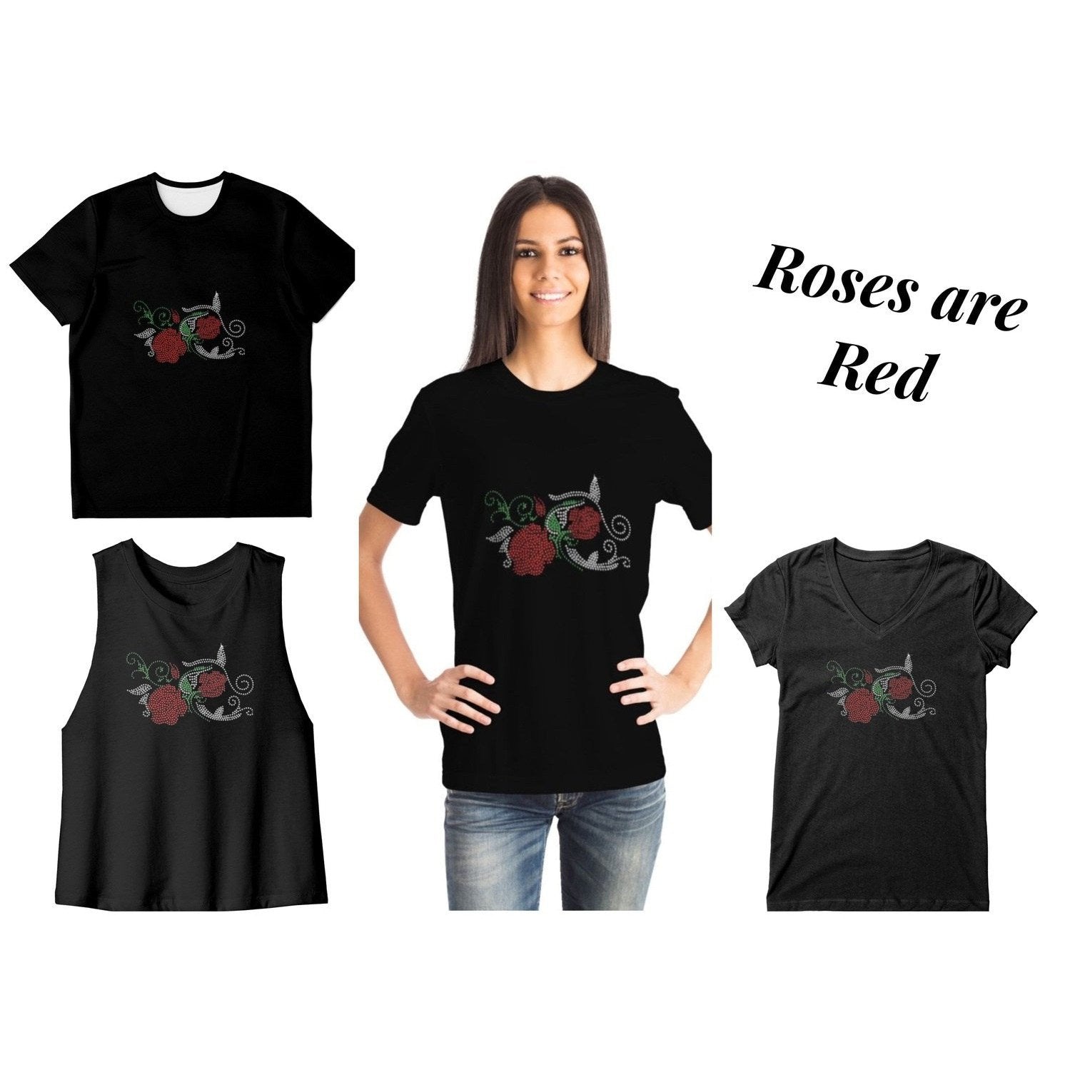 Rhinestone Red Rose Tee Shirt Crew Neck, V Neck, Tank Top MM