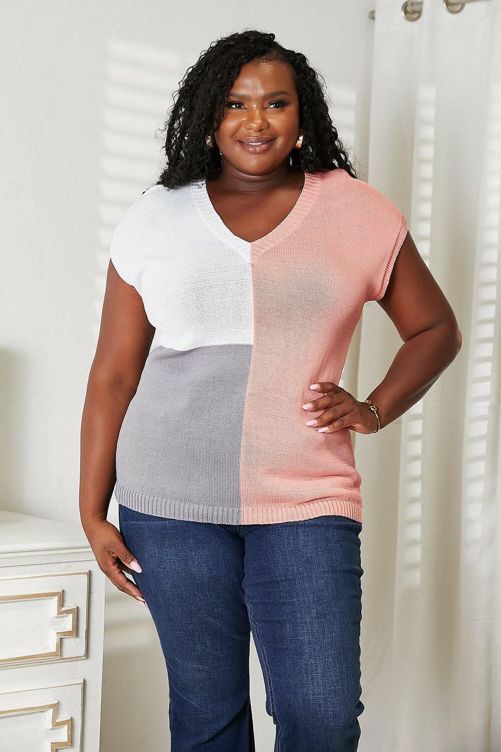 Color block v-neck knit top 