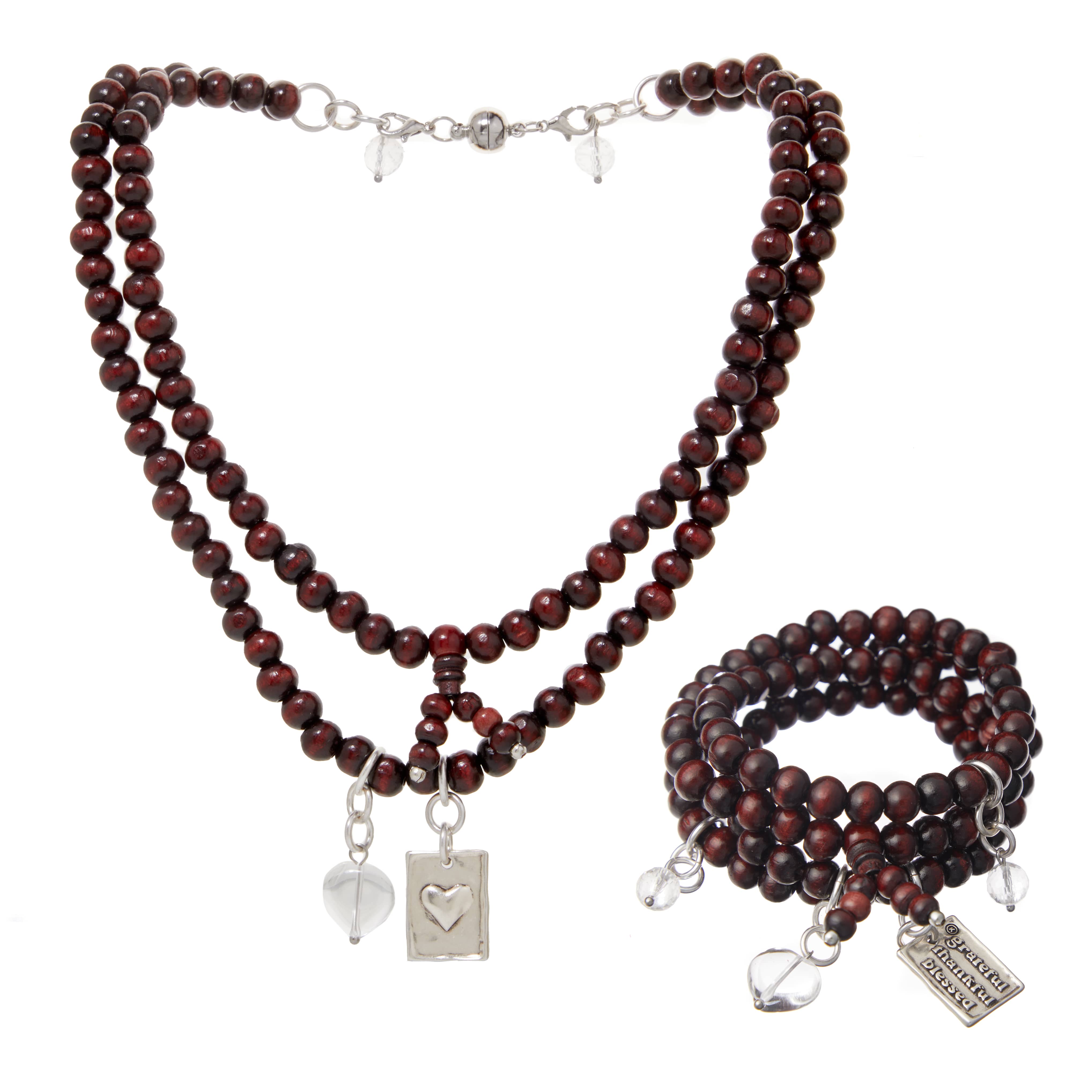 Grateful Thankful Blessed Heart Wood Boho Wrap Bracelet/Necklace Katia Designs